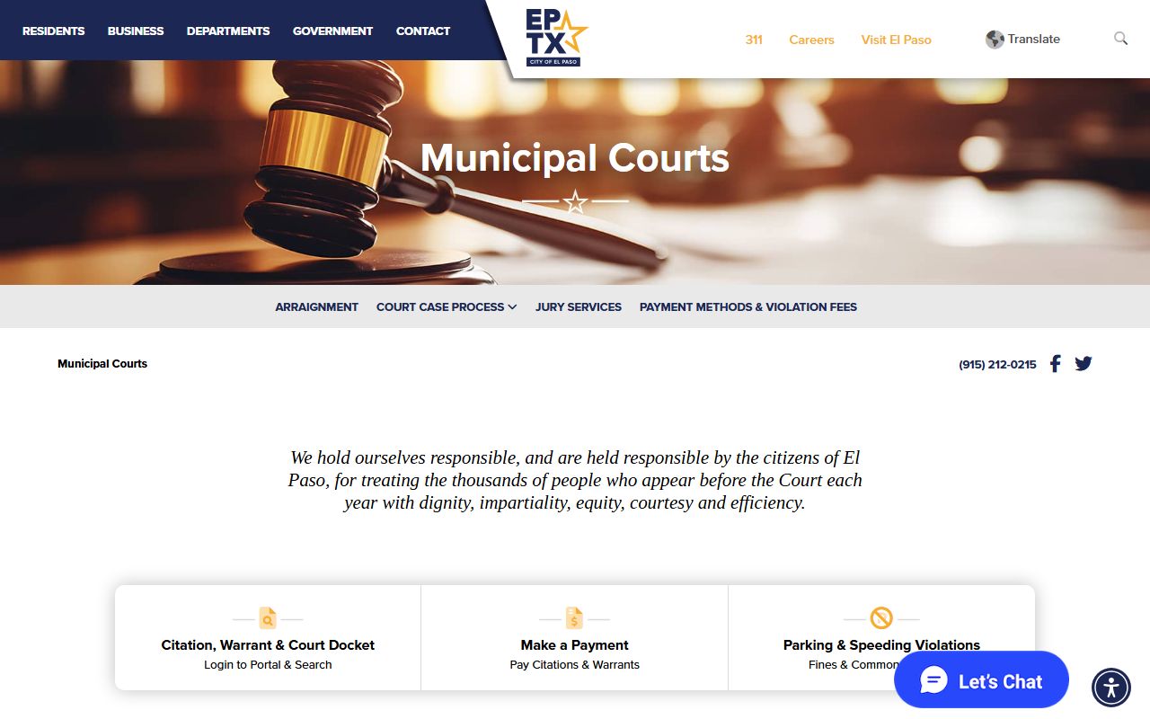 El Paso Municipal Courts website showing city court services separate from El Paso County felony records
