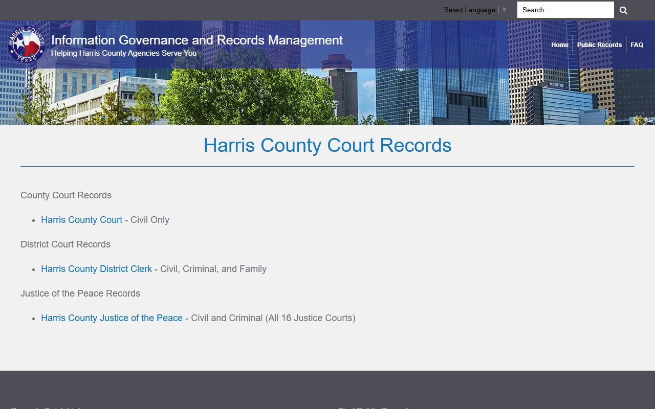 Harris County court records portal showing Houston felony case search interface