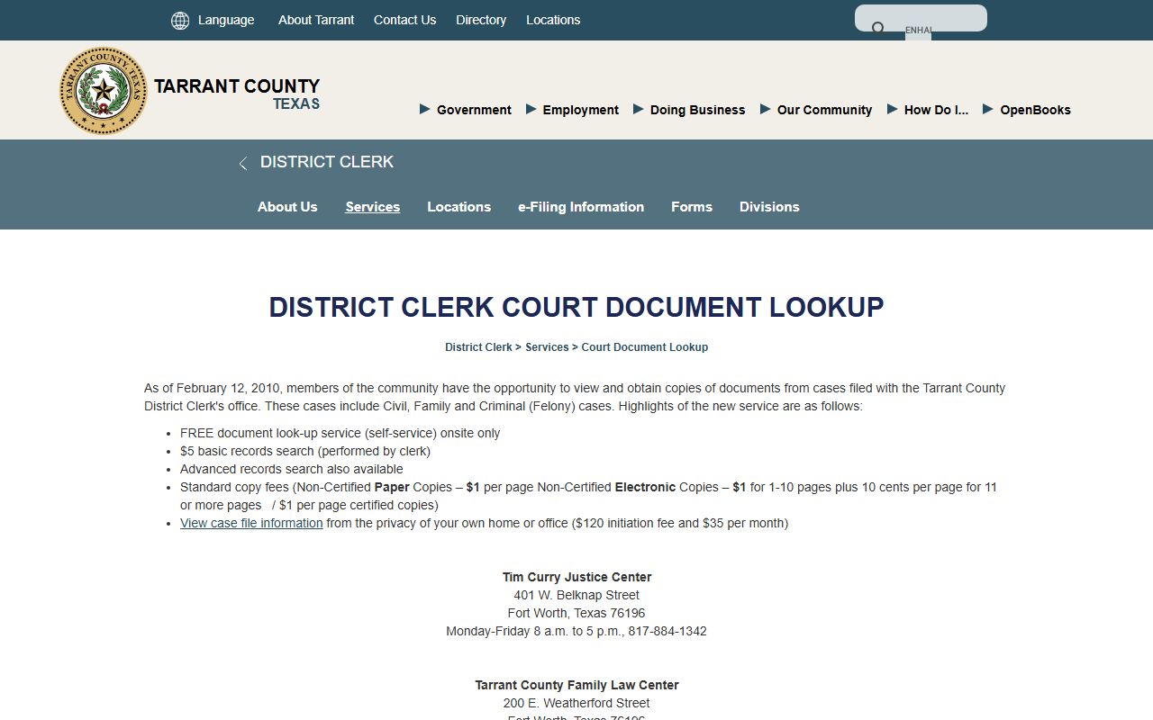 Tarrant County District Clerk website showing Fort Worth felony records access and online document lookup for criminal cases